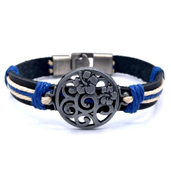 Black Faux Leather with Hemp Cord and Silver Hibiscus Boho Bracelet - Picture 1 of 8